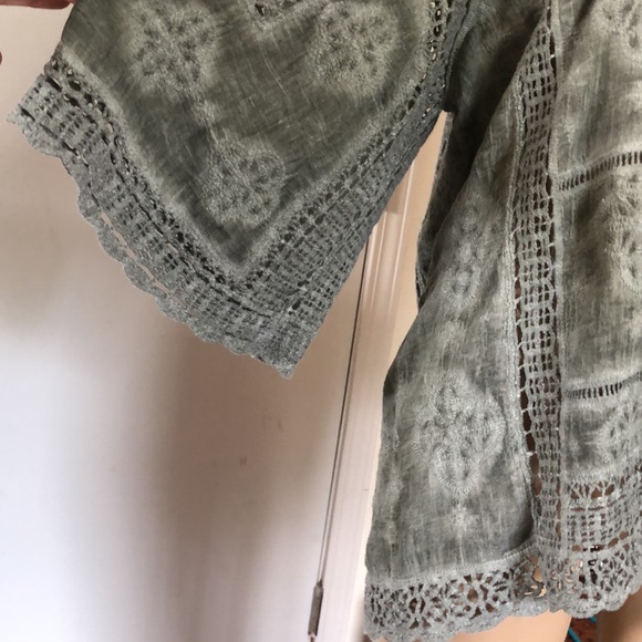 Lovely greenish gray top crochet accents by Democracy.23 inches long from back - Picture 2 of 9